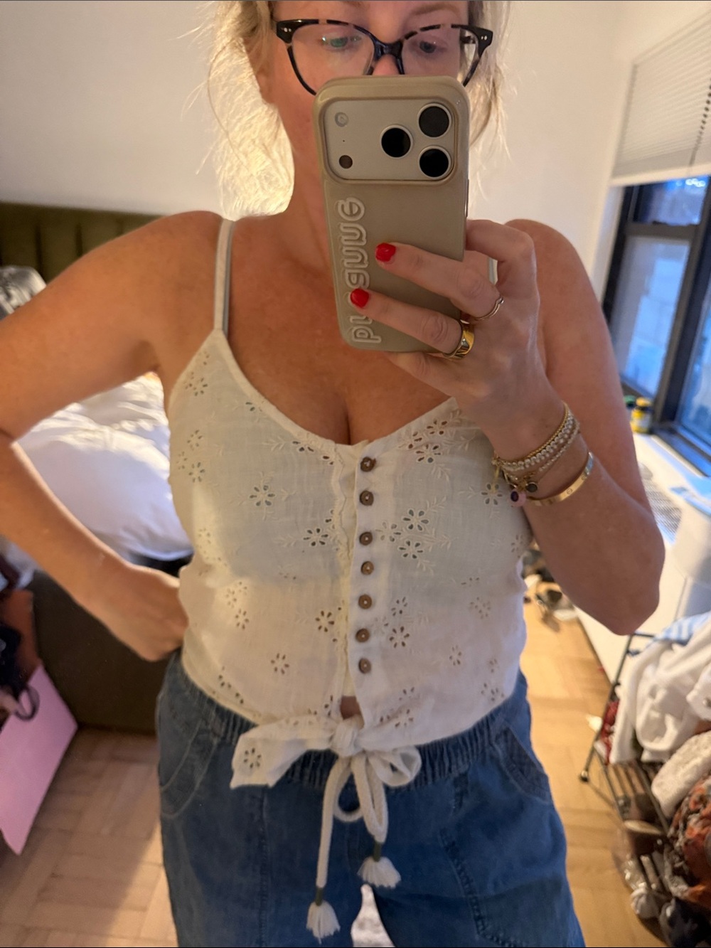 Cream Eyelet Tie-Front Camisole with Wood Buttons
